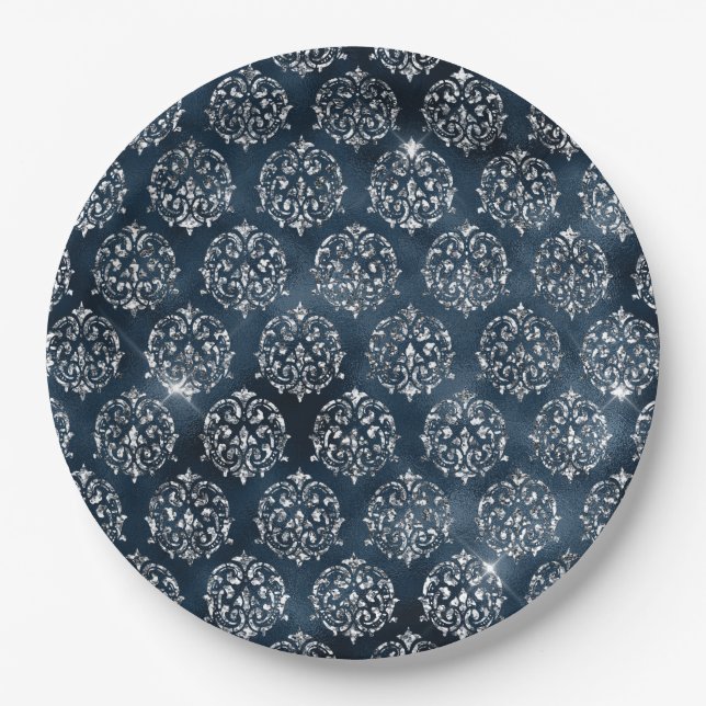 Elegant Faux Blue Foil Silver Christmas  Paper Plate (Front)