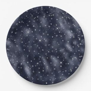 Elegant Faux Blue Foil Silver Stars Christmas  Paper Plate