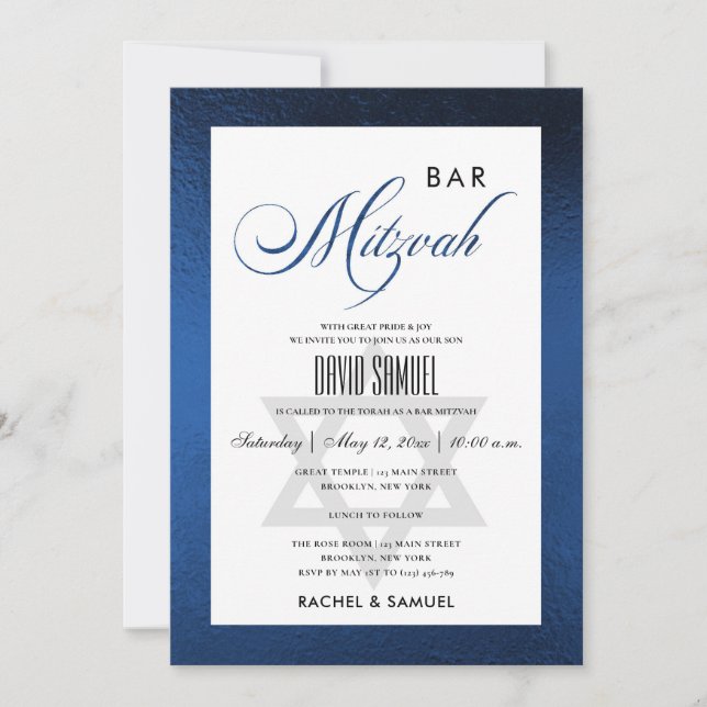 ELEGANT FAUX BLUE SIMPLE BAT BAR MITZVAH INVITATION (Front)