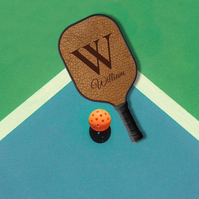 Elegant Faux Brown Leather Monogrammed Initial  Pickleball Paddle (Creator Uploaded)