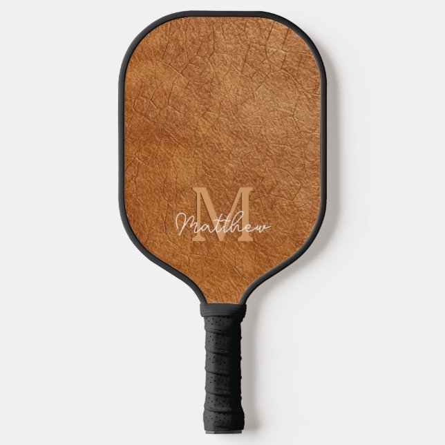 Elegant Faux Brown Leather Texture Personalised  Pickleball Paddle (Front)