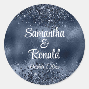 Elegant Faux Dark Blue Glitter and Foil Wedding Classic Round Sticker
