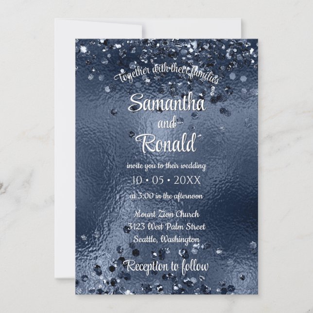 Elegant Faux Dark Blue Glitter & Foil Wedding Invitation (Front)