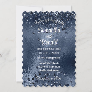 Elegant Faux Dark Blue Glitter & Foil Wedding Invitation