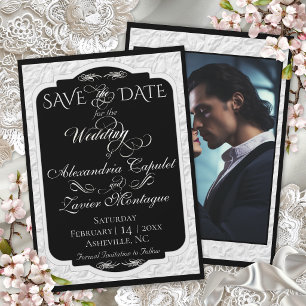 Elegant Faux Embossed, Photo - Black/Silver Save The Date