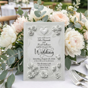 Elegant Faux Embossed White Floral Heart Wedding Invitation