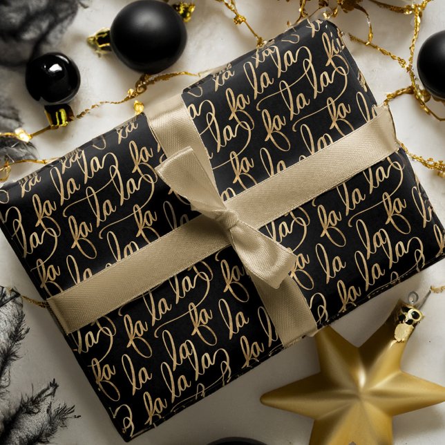 Elegant Faux Fa la Script Typography Black & Gold Wrapping Paper (Elegant Faux Fa la Script Typography Black & Gold Wrapping Paper)