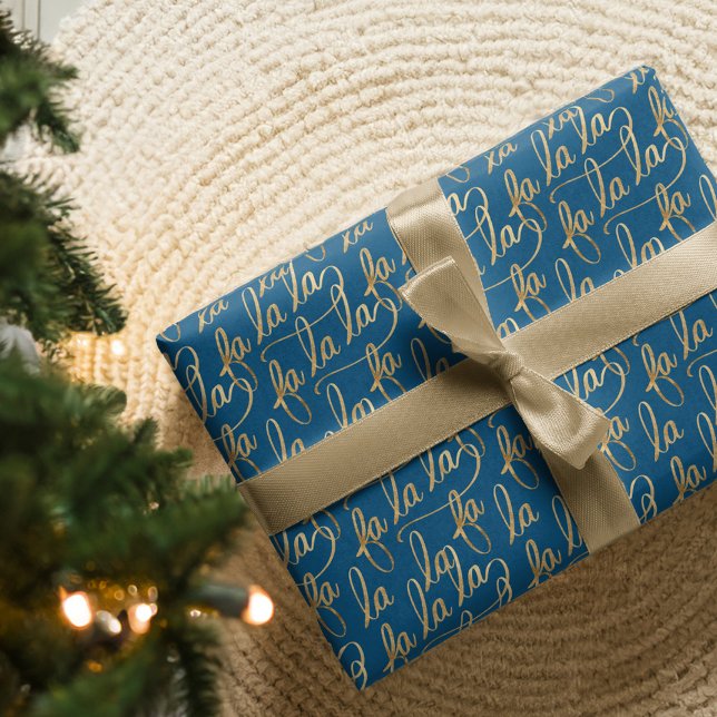 Elegant Faux Fa la Script Typography Gold & Blue Wrapping Paper (Elegant Faux Fa la Script Typography Gold & Blue Wrapping Paper)