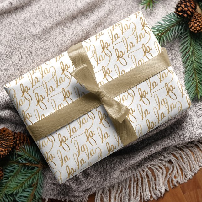 Elegant Faux Fa la Script Typography Gold & White Wrapping Paper (Elegant Faux Fa la Script Typography Gold & White Wrapping Paper)