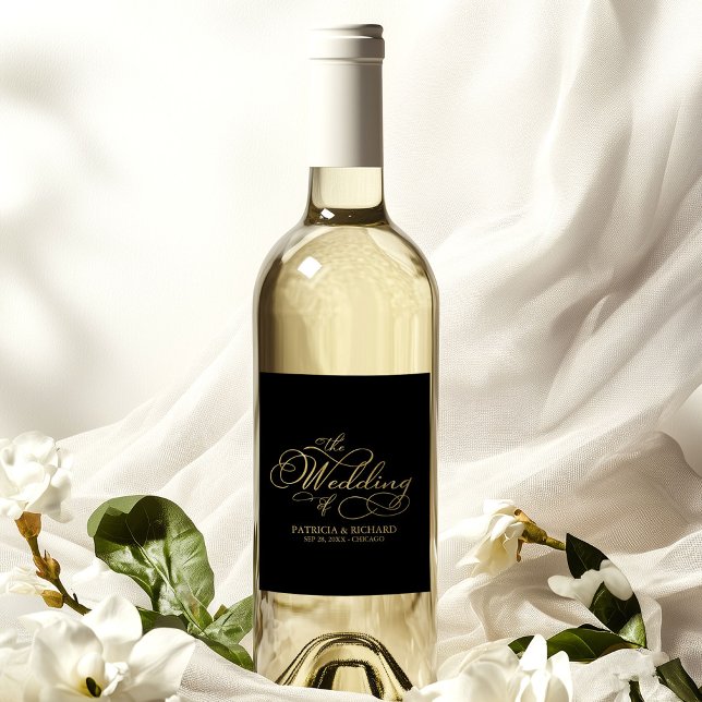 Elegant Faux Foil Black Gold Calligraphy Wedding Wine Label (Creator Uploaded)