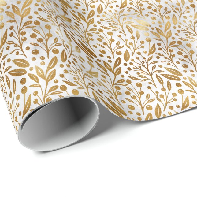 Elegant Faux Foil Botanicals | Christmas Holiday Wrapping Paper (Roll Corner)