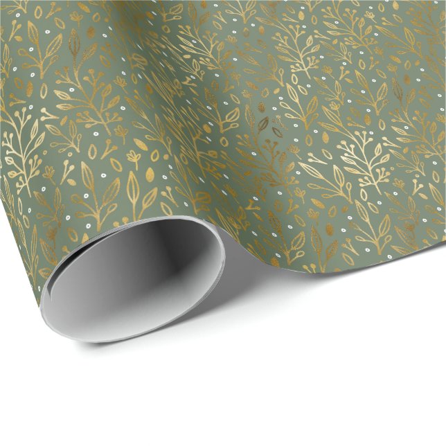 Elegant Faux Foil Botanicals | Christmas Holiday Wrapping Paper (Roll Corner)