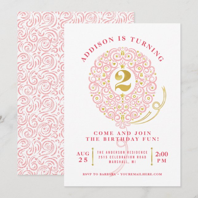 Elegant Faux Foil Lacy Balloon 2nd Birthday Party Invitation (Front/Back)