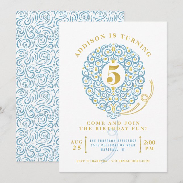 Elegant Faux Foil Lacy Balloon 5th Birthday Party Invitation (Front/Back)