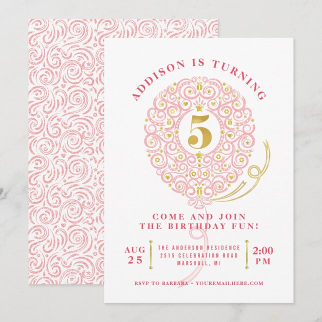 Elegant Faux Foil Lacy Balloon 5th Birthday Party Invitation (Front/Back)