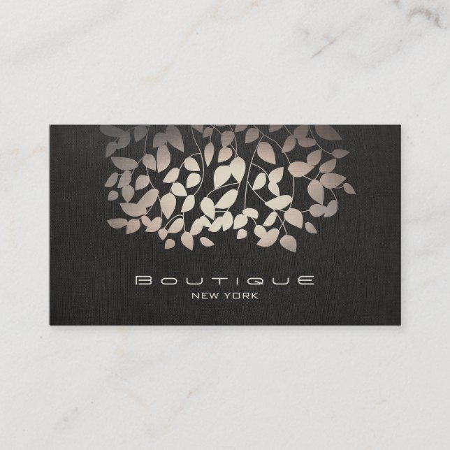 Elegant Faux Foil Leaves and Black Linen Business Card (Front)