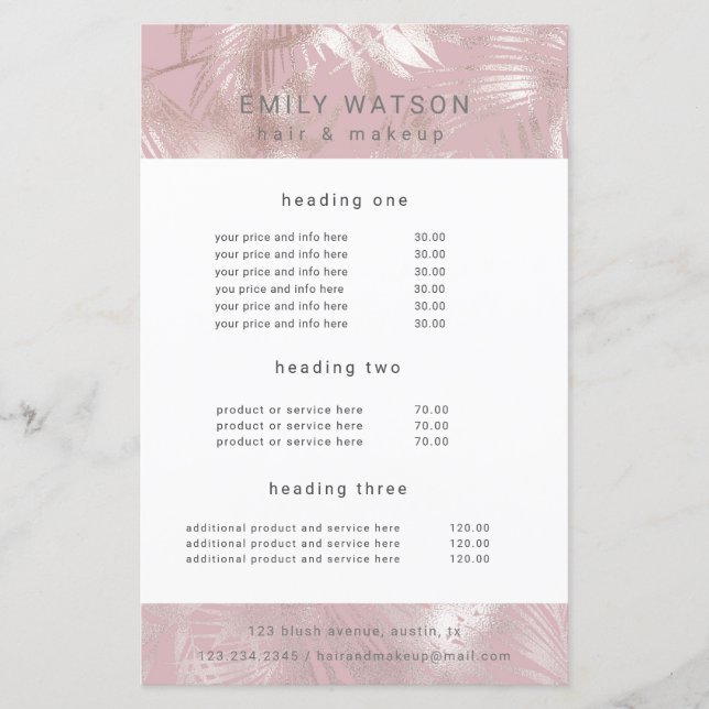 elegant faux foil rose gold salon price list (Front)