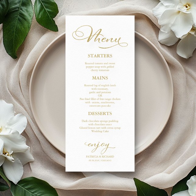 Elegant Faux Foil Script Wedding Dinner Menu Card (Creator Uploaded)