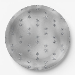 Elegant Faux Foil Silver Stars Christmas  Paper Plate