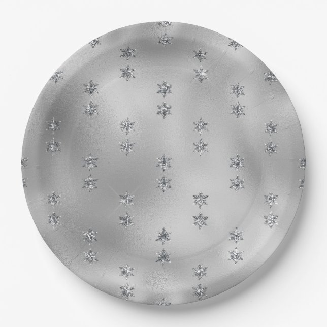 Elegant Faux Foil Silver Stars Christmas  Paper Plate (Front)