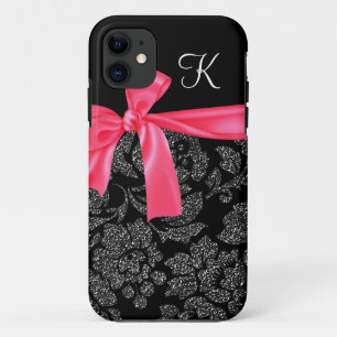 Elegant Faux Glitter Damask Girly Hot Pink Bow iPhone 11 Case