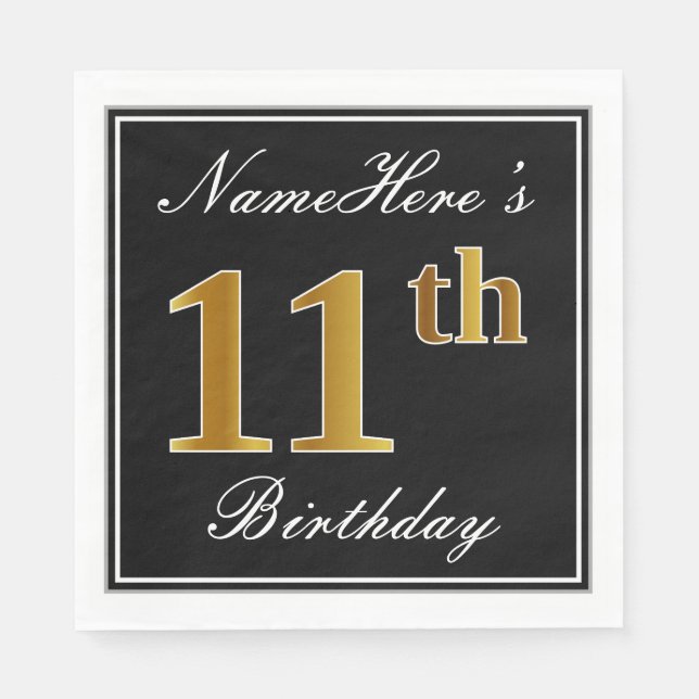 Elegant, Faux Gold 11th Birthday + Custom Name Napkin (Front)