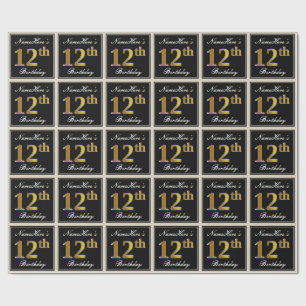 Elegant, Faux Gold 12th Birthday + Custom Name Wrapping Paper