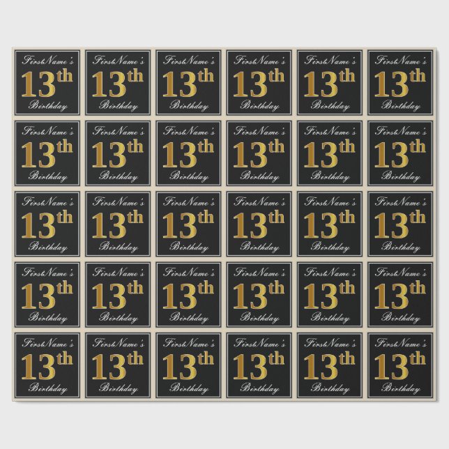 Elegant, Faux Gold 13th Birthday + Custom Name Wrapping Paper (Flat)