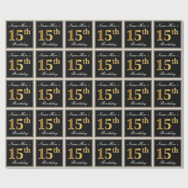 Elegant, Faux Gold 15th Birthday + Custom Name Wrapping Paper (Flat)