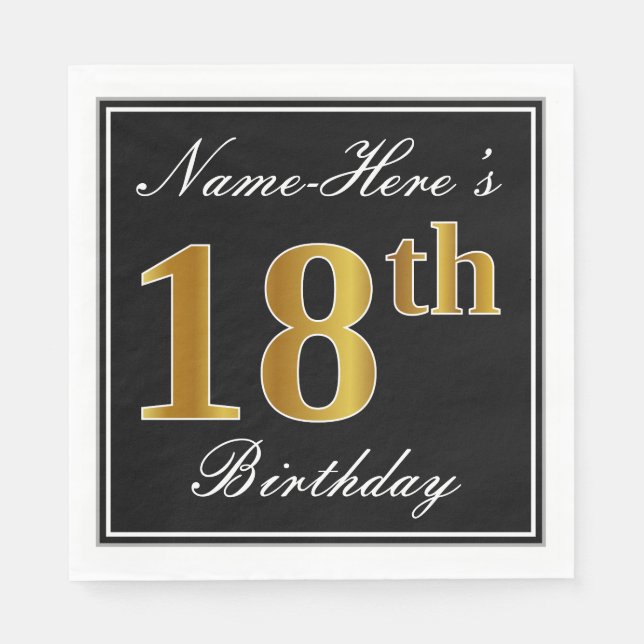 Elegant, Faux Gold 18th Birthday + Custom Name Napkin (Front)