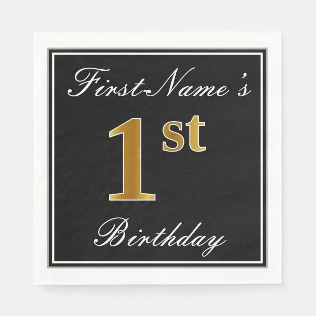 Elegant, Faux Gold 1st Birthday + Custom Name Napkin (Front)