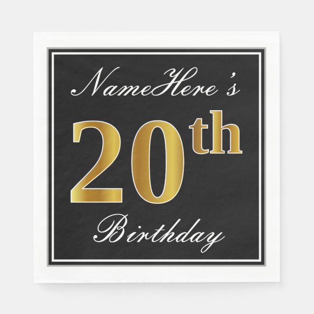 Elegant, Faux Gold 20th Birthday + Custom Name Napkin (Front)