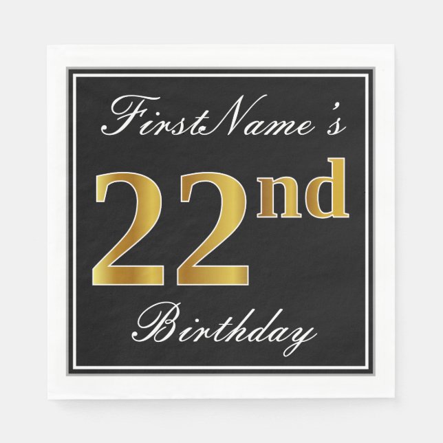 Elegant, Faux Gold 22nd Birthday + Custom Name Napkin (Front)