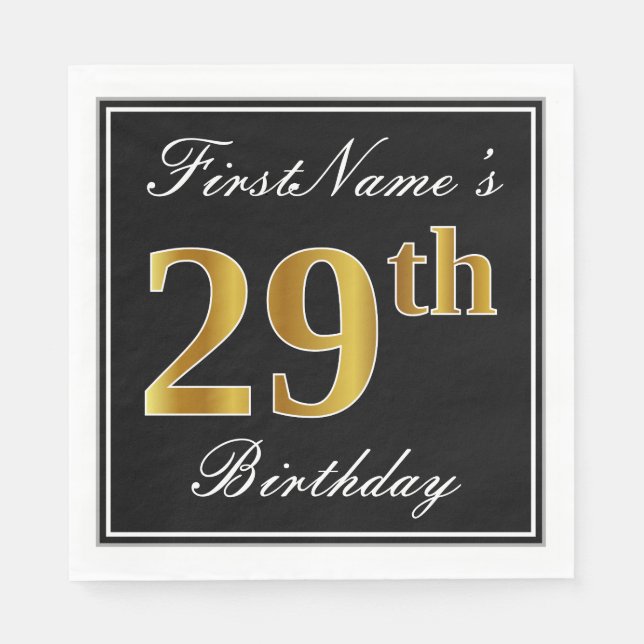 Elegant, Faux Gold 29th Birthday + Custom Name Napkin (Front)