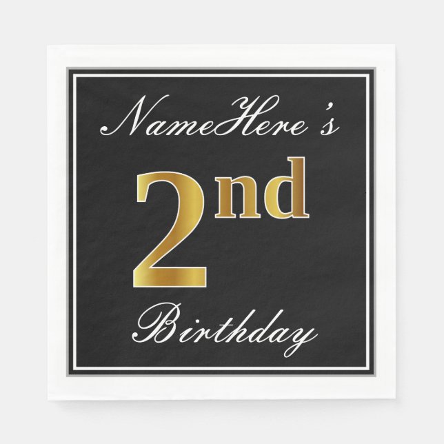 Elegant, Faux Gold 2nd Birthday + Custom Name Napkin (Front)