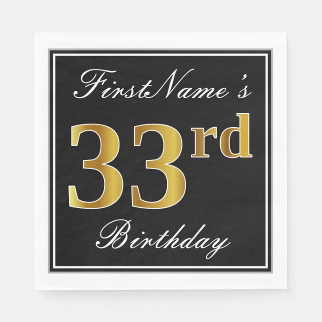 Elegant, Faux Gold 33rd Birthday + Custom Name Napkin (Front)