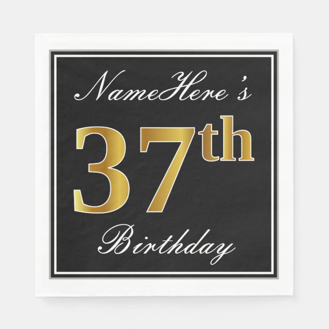 Elegant, Faux Gold 37th Birthday + Custom Name Napkin (Front)