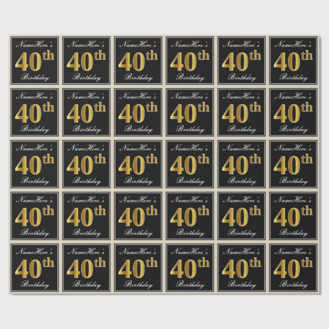 Elegant, Faux Gold 40th Birthday + Custom Name Wrapping Paper (Flat)