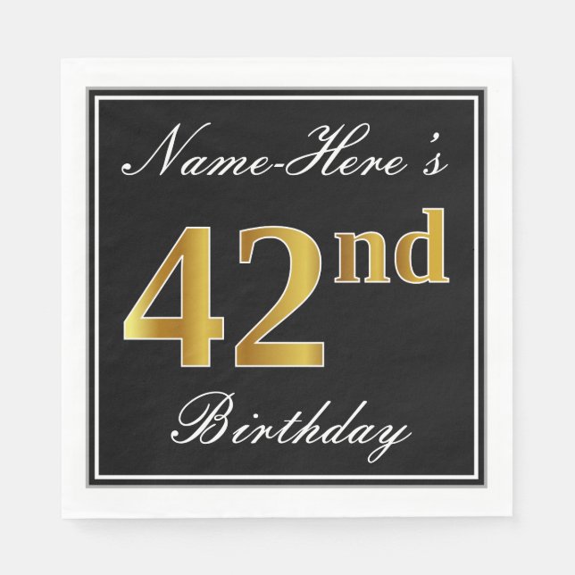 Elegant, Faux Gold 42nd Birthday + Custom Name Napkin (Front)