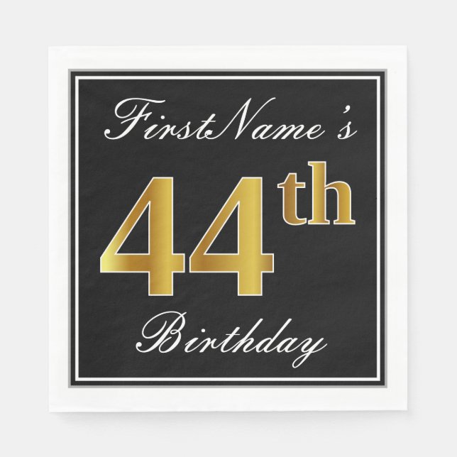 Elegant, Faux Gold 44th Birthday + Custom Name Napkin (Front)