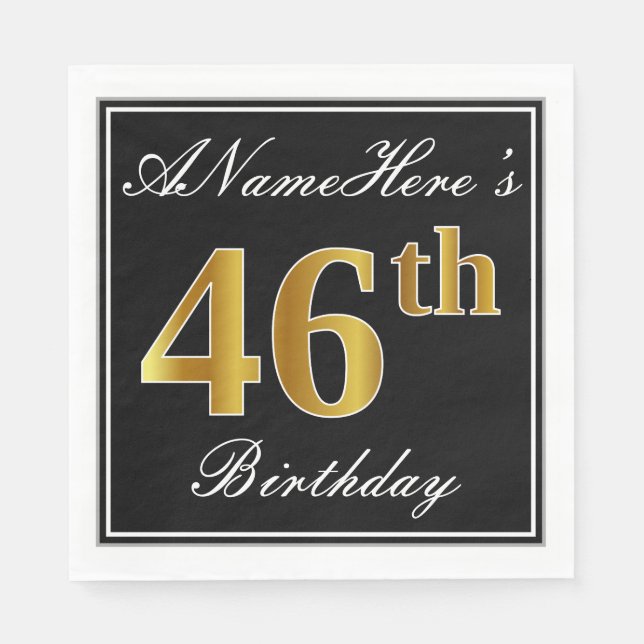 Elegant, Faux Gold 46th Birthday + Custom Name Napkin (Front)