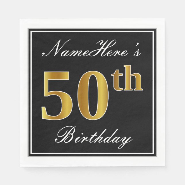 Elegant, Faux Gold 50th Birthday + Custom Name Napkin (Front)