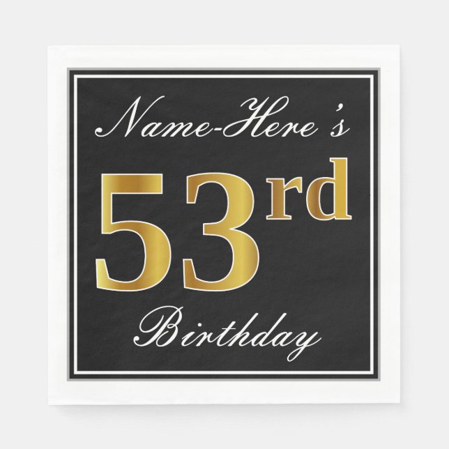 Elegant, Faux Gold 53rd Birthday + Custom Name Napkin (Front)