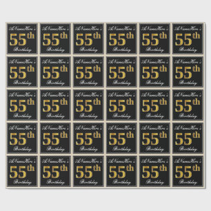 Elegant, Faux Gold 55th Birthday + Custom Name Wrapping Paper