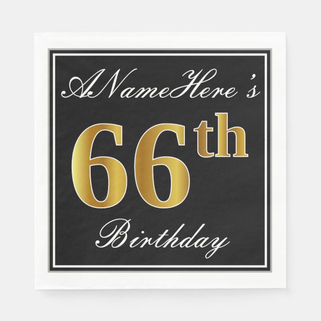 Elegant, Faux Gold 66th Birthday + Custom Name Napkin (Front)