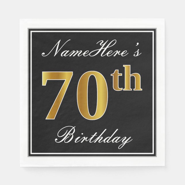 Elegant, Faux Gold 70th Birthday + Custom Name Napkin (Front)