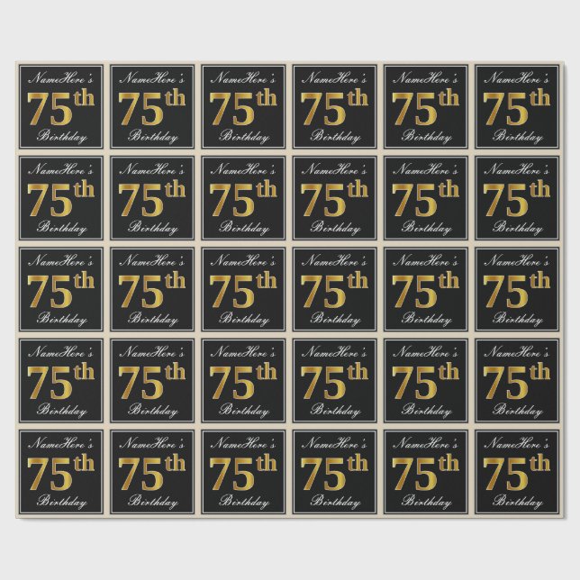 Elegant, Faux Gold 75th Birthday + Custom Name Wrapping Paper (Flat)