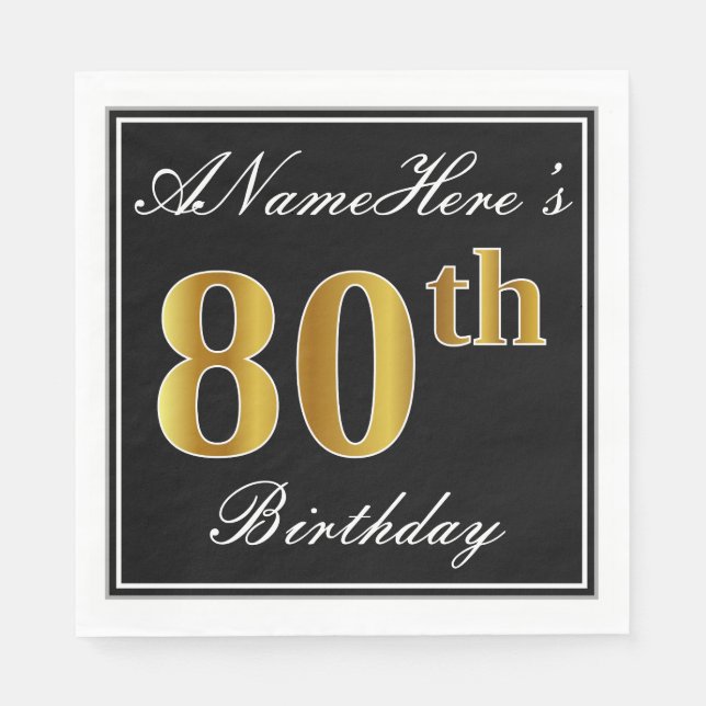 Elegant, Faux Gold 80th Birthday + Custom Name Napkin (Front)