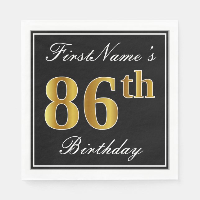 Elegant, Faux Gold 86th Birthday + Custom Name Napkin (Front)