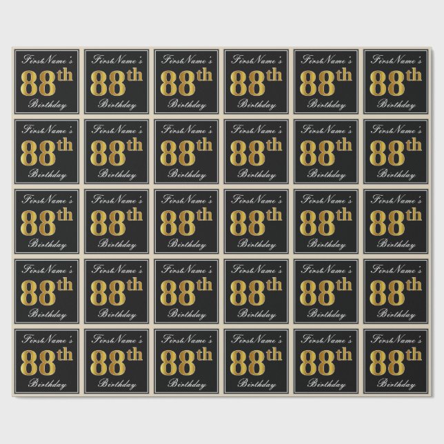 Elegant, Faux Gold 88th Birthday + Custom Name Wrapping Paper (Flat)